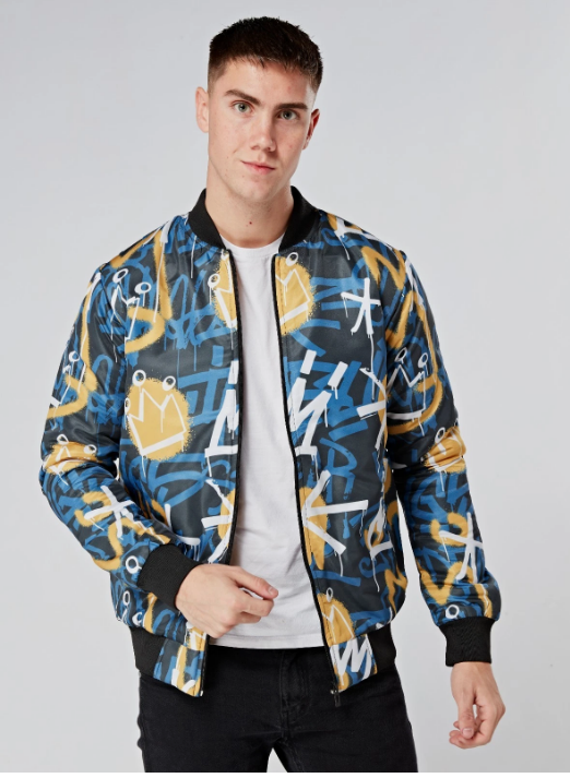 Blue and Yellow Graffiti Bomber Jacket