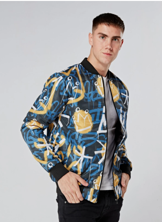 Blue and Yellow Graffiti Bomber Jacket