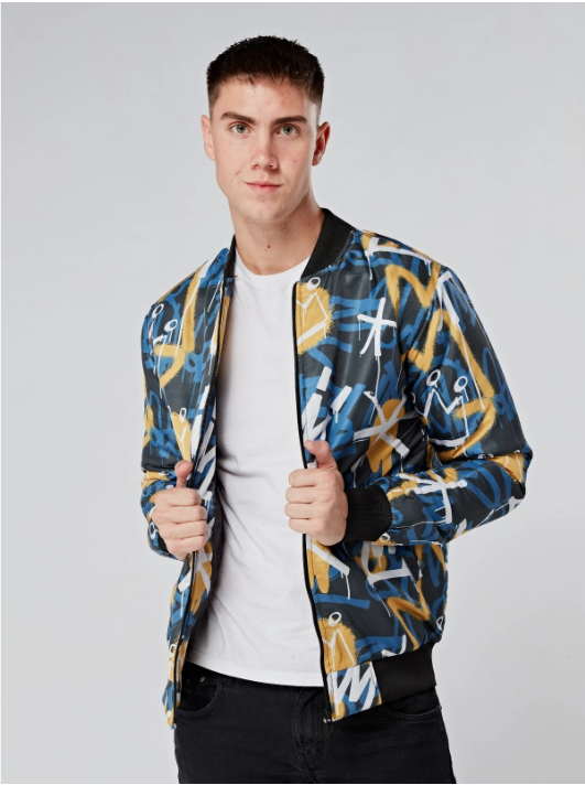 Blue and Yellow Graffiti Bomber Jacket