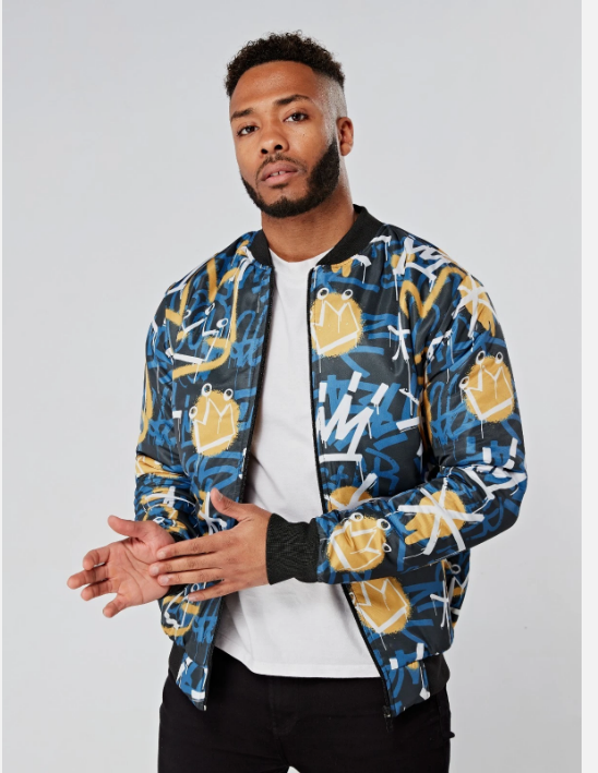 Blue and Yellow Graffiti Bomber Jacket