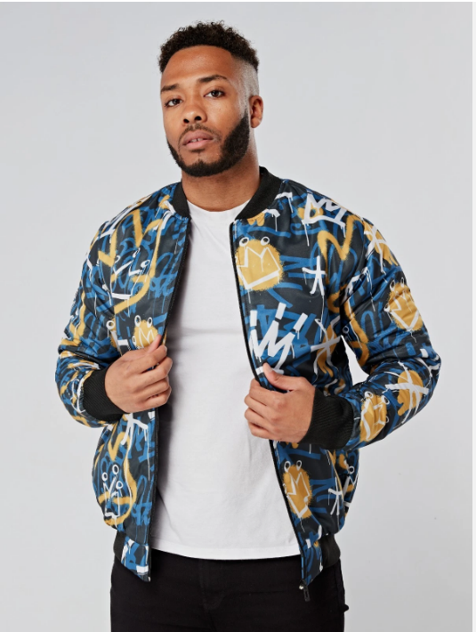 Blue and Yellow Graffiti Bomber Jacket