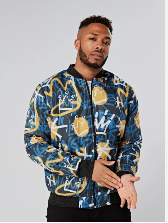 Blue and Yellow Graffiti Bomber Jacket