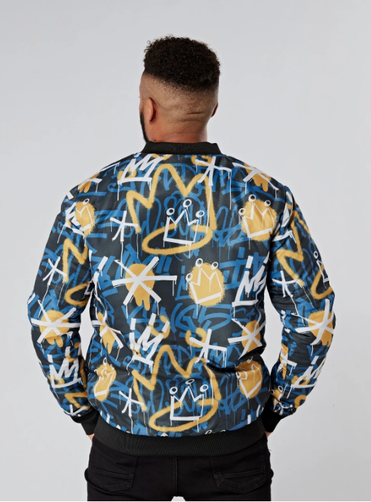 Blue and Yellow Graffiti Bomber Jacket